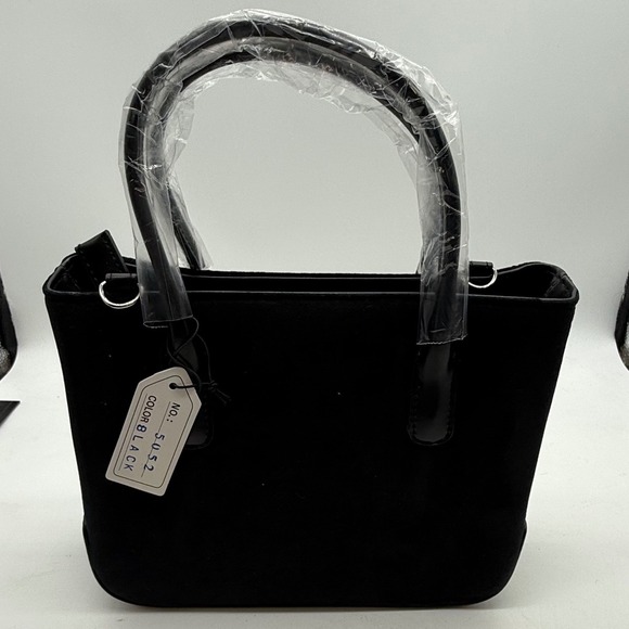 Black Faux Suede Tote Bag with Top Handles and Shoulder Strap - Picture 11 of 12
